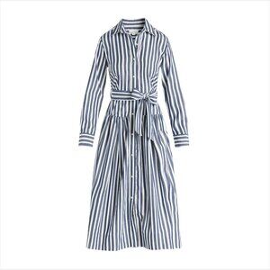 Free Assembly Blue Striped Belted Cotton Maxi Shirtdress with Long Sleeves